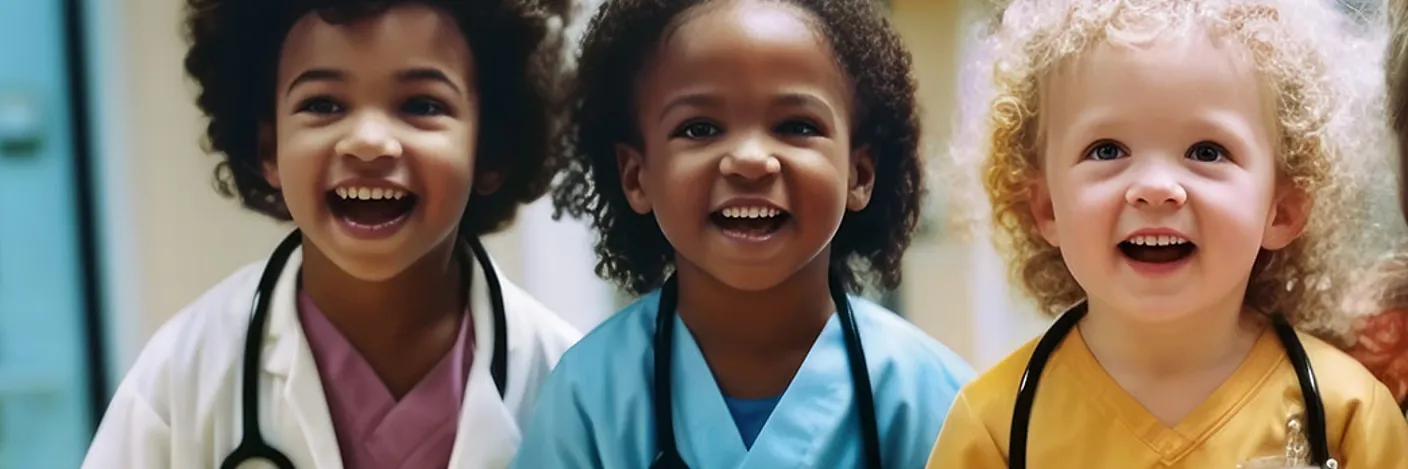 tre blide barn i arbeidsklær for ansatte ved sykehus